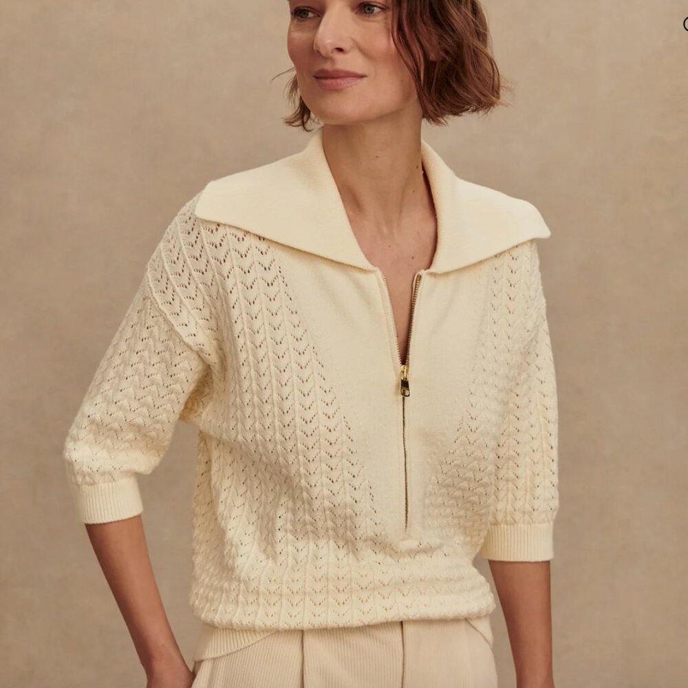VARLEY Arney Half-Zip Knit Polo | Egret (Ivory) | Size L